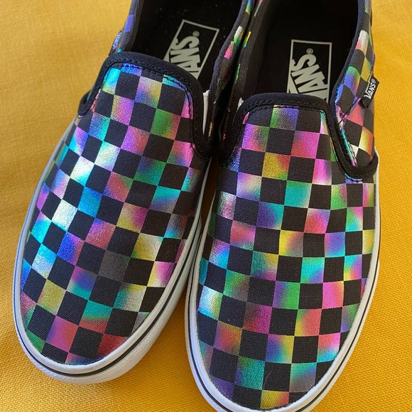 VANS Shoes - VANS Old Skool Rainbow Checkerboard Canvas Slip One Shoes NWOT Women's Size 7